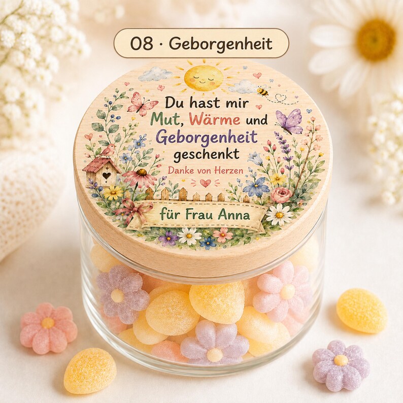 Puede incluir: Un frasco de vidrio transparente lleno de dulces en forma de flores pastel, con una tapa de madera que presenta una ilustraci&oacute;n de un sol, mariposas, flores y una pajarera con el texto en alem&aacute;n: 08 Geborgenheit, Du hast mir Mut, W&auml;rme und Geborgenheit geschenkt, Danke von Herzen, f&uuml;r Frau Anna.