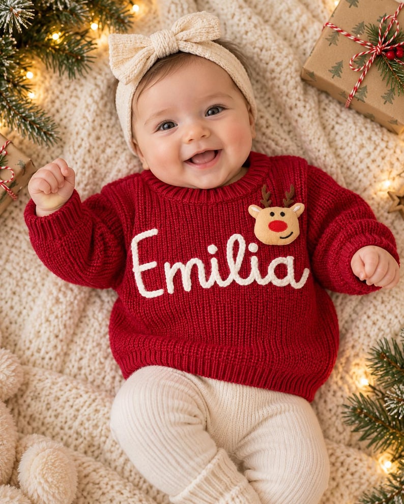 May include: A red long-sleeved knit sweater featuring the name Emilia embroidered in white script across the chest, accented with a small plush reindeer applique with a red nose. The sweater is paired with cream-colored ribbed leggings.