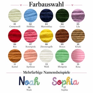 May include: A color chart featuring fifteen circular yarn samples in various shades including cream, blue, navy, green, purple, red, pink, yellow, brown, khaki, camel, apricot, white, mint, and rose, plus two multi-colored name examples, Noah and Sophia.