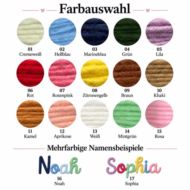 May include: A color chart featuring fifteen circular yarn samples in various shades including cream, blue, navy, green, purple, red, pink, yellow, brown, khaki, camel, apricot, white, mint, and rose, plus two multi-colored name examples, Noah and Sophia.