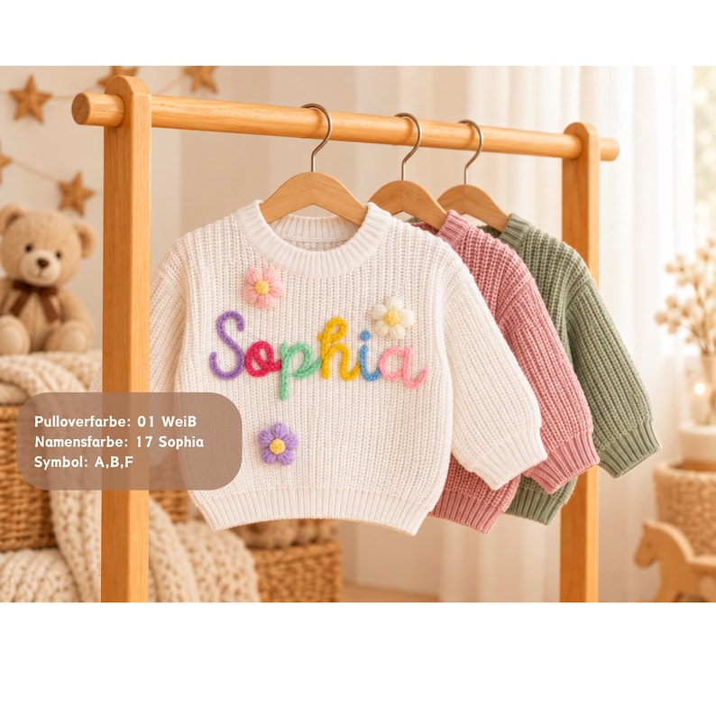 May include: Three long-sleeve knit sweaters hanging on wooden hangers. The front white sweater features the name Sophia embroidered in multi-colored yarn, accented with three-dimensional flower appliqu&eacute;s in pink, yellow, and purple.