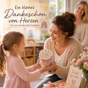 May include: A clear cylindrical jar filled with pastel-colored candies, featuring a lid label that reads "Kleine H&auml;nde, gro&szlig;es Danke" with colorful handprints and the name "Clara" printed in the center, tied with a light pink ribbon.