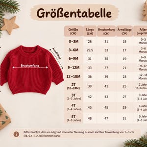 May include: A red knit sweater for children shown next to a size chart titled Gr&ouml;&szlig;entabelle. The chart lists measurements in centimeters for length, chest, and sleeve length across various age groups from 0-3 months to 5 years old.