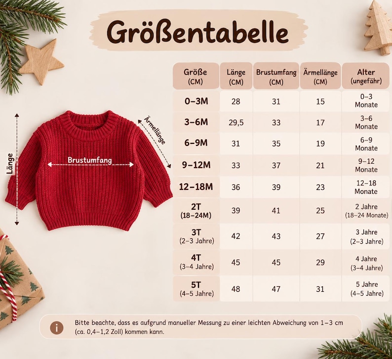 May include: A red knit sweater for children shown next to a size chart titled Gr&ouml;&szlig;entabelle. The chart lists measurements in centimeters for length, chest, and sleeve length across various age groups from 0-3 months to 5 years old.