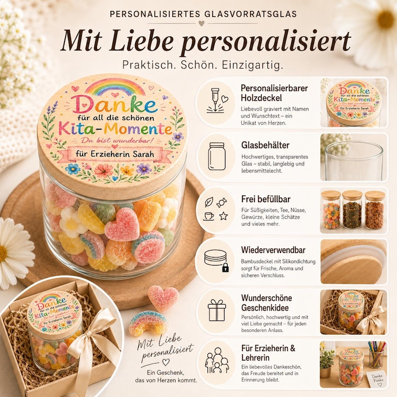 May include: A clear glass storage jar with a wooden lid featuring a colorful rainbow, floral illustrations, and the German text Danke f&uuml;r all die sch&ouml;nen Kita-Momente. The jar is filled with assorted gummy candies and shown in a gift box.