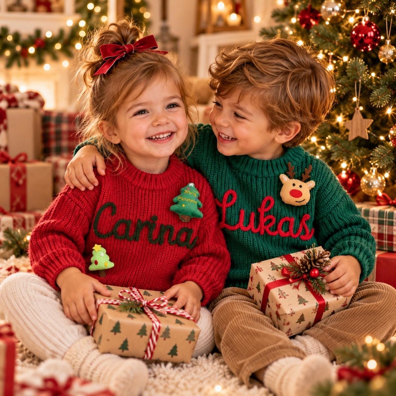 May include: A red knitted sweater with the name Carina embroidered in green and a green knitted sweater with the name Lukas embroidered in red. Both sweaters feature festive felt appliques of a Christmas tree and a reindeer respectively.