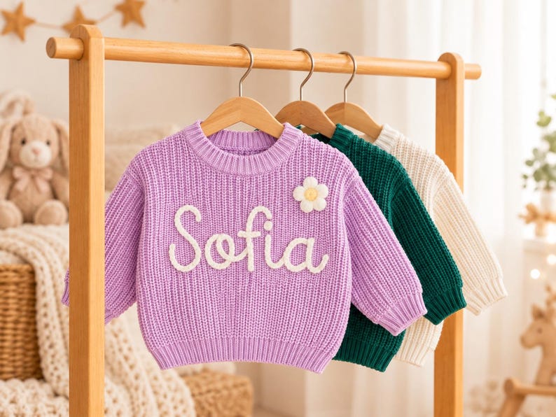 May include: A lavender long-sleeve knit sweater featuring the name Sofia in white cursive lettering and a small white flower appliqu&eacute; on the chest. The sweater hangs on a wooden hanger alongside a dark green sweater and a cream-colored sweater.