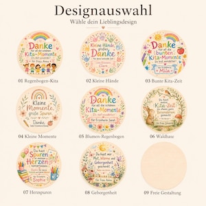 May include: A collection of nine circular wooden plaques featuring various colorful illustrations and German text designs. Eight plaques display unique graphics including rainbows, flowers, animals, and school supplies, while the ninth is blank.