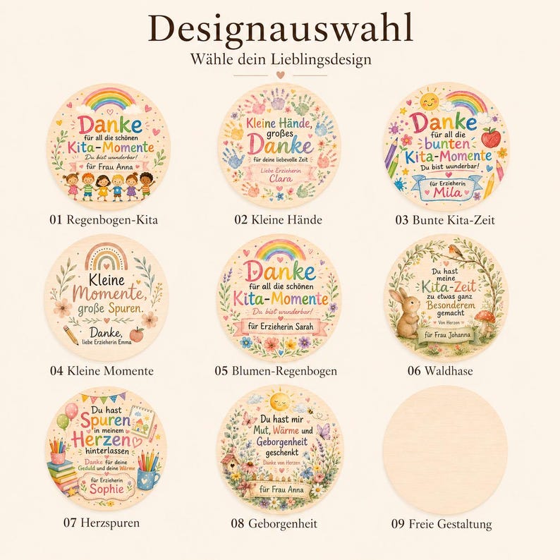 May include: A collection of nine circular wooden plaques featuring various colorful illustrations and German text designs. Eight plaques display unique graphics including rainbows, flowers, animals, and school supplies, while the ninth is blank.
