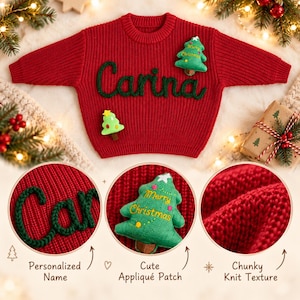 May include: A red chunky knit sweater featuring the name Carina in dark green yarn lettering across the chest. The sweater is decorated with two green Christmas tree-shaped fabric patches, one of which is embroidered with Merry Christmas.