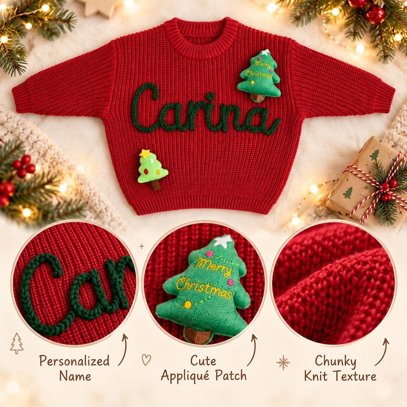 May include: A red chunky knit sweater featuring the name Carina in dark green yarn lettering across the chest. The sweater is decorated with two green Christmas tree-shaped fabric patches, one of which is embroidered with Merry Christmas.