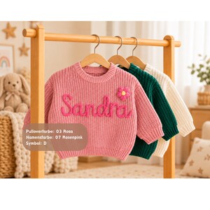 May include: A pink knit sweater featuring the name Sandra in raised pink yarn lettering and a small pink flower appliqu&eacute; with a yellow center. The sweater is displayed on a wooden hanger alongside a dark green sweater and a cream-colored sweater.