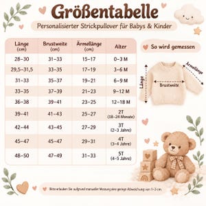 May include: A size chart for a knitted sweater for babies and children, titled Gr&ouml;&szlig;entabelle. It includes columns for length, chest width, sleeve length, and age in cm. It features a beige sweater illustration and a teddy bear with wooden blocks.