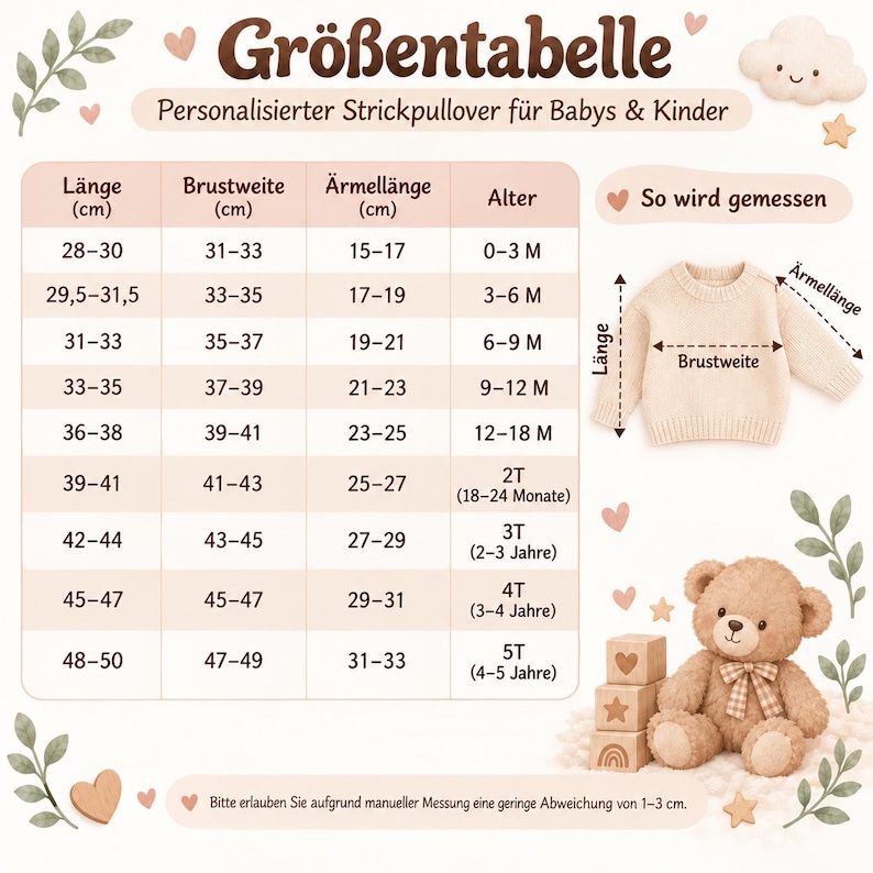May include: A size chart for a knitted sweater for babies and children, titled Gr&ouml;&szlig;entabelle. It includes columns for length, chest width, sleeve length, and age in cm. It features a beige sweater illustration and a teddy bear with wooden blocks.