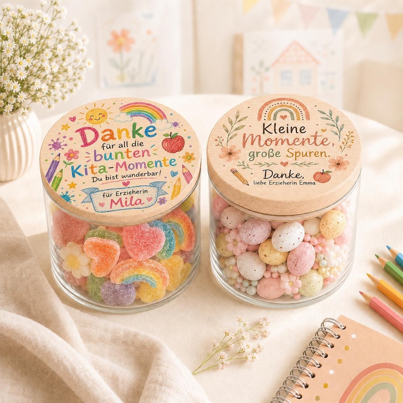 May include: Two clear glass jars with round wooden lids. The left lid features a rainbow, sun, apple, and text reading Danke f&uuml;r all die bunten Kita-Momente Du bist wunderbar! f&uuml;r Erzieherin Mila. The right lid shows a rainbow, apple, and text reading Kleine Momente, gro&szlig;e Spuren. Danke, liebe Erzieherin Emma. The jars are filled with colorful gummy candies and speckled chocolate eggs.