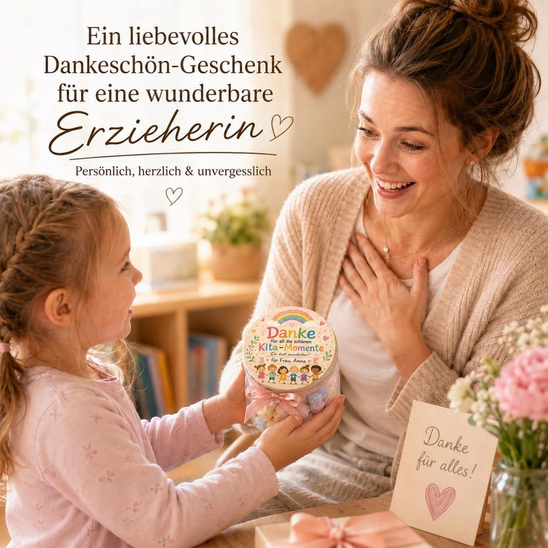 May include: A clear cylindrical jar with a lid featuring a colorful rainbow, children illustrations, and the German text Danke f&uuml;r all die sch&ouml;nen Kita-Momente, die bist wunderbar f&uuml;r Frau Anna, tied with a light pink ribbon.