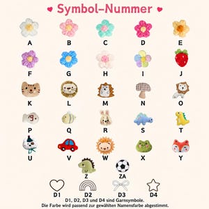 May include: A collection of small plush appliques arranged in a grid, labeled A through Z and ZA, featuring flowers, animals, a strawberry, a car, and a soccer ball. Below are four line-art icons labeled D1 to D4: a heart, rainbow, bow, and star.