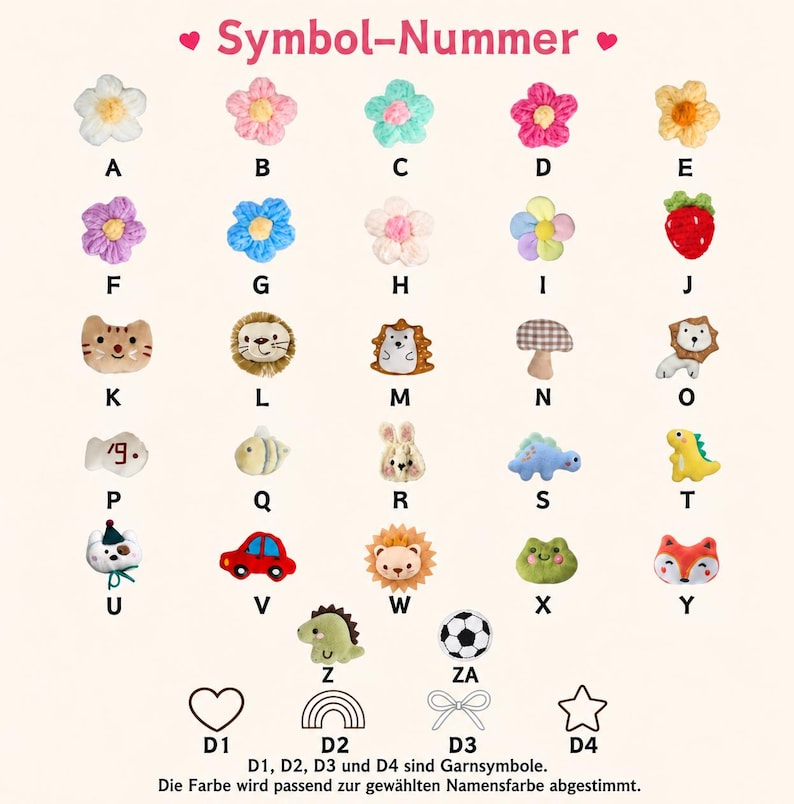 May include: A collection of small plush appliques arranged in a grid, labeled A through Z and ZA, featuring flowers, animals, a strawberry, a car, and a soccer ball. Below are four line-art icons labeled D1 to D4: a heart, rainbow, bow, and star.