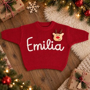 May include: A red long-sleeve knit sweater featuring the name Emilia embroidered in white script across the chest. A plush reindeer head with brown antlers and a bright red nose is attached to the upper right side of the sweater front.