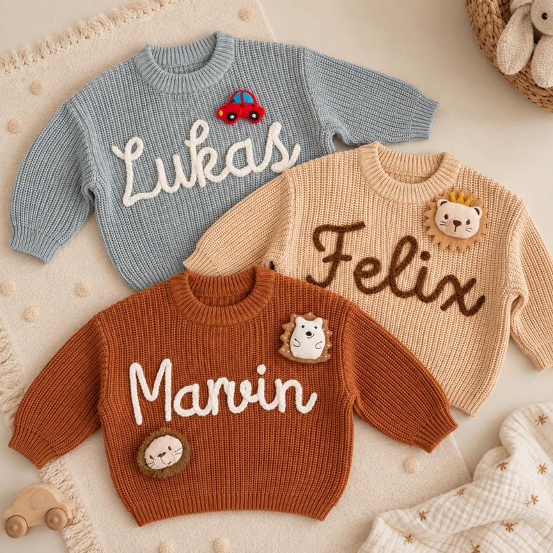 May include: Three long-sleeve knit sweaters in light blue, beige, and rust orange. The blue sweater features the name Lukas and a red car patch. The beige sweater features the name Felix and a lion patch. The rust sweater features the name Marvin, a hedgehog patch, and a lion patch.