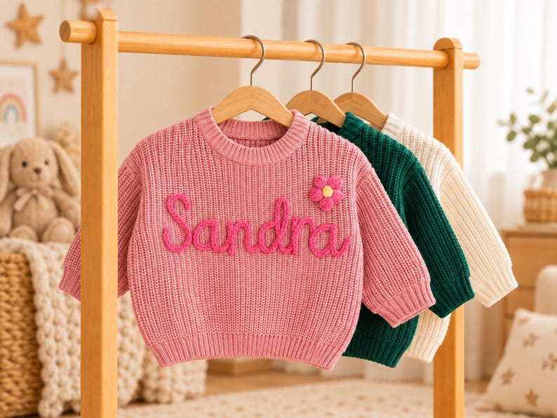 May include: A pink knit sweater featuring the name Sandra embroidered in cursive yarn lettering and a small pink flower appliqu&eacute; on the chest, hanging alongside a dark green knit sweater and a cream knit sweater on a wooden clothing rack.