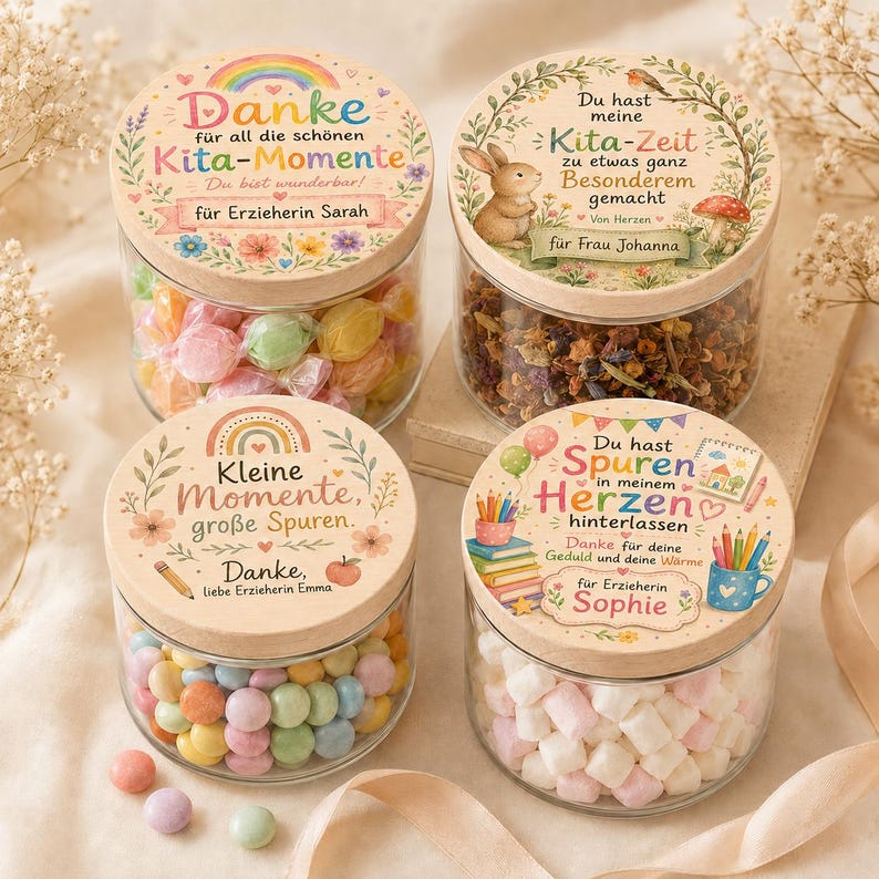 May include: Four clear glass jars with wooden lids, each featuring colorful printed text and illustrations. The jars contain various treats including pastel candies, dried floral tea, small round sweets, and white and pink mini marshmallows.