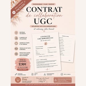 Puede incluir: Un documento digital titulado "CONTRAT de collaboration UGC" en una paleta de colores suaves. El documento incluye texto en francés, con un enfoque en la colaboración y la protección. El diseño presenta iconos y el logotipo de Etsy.