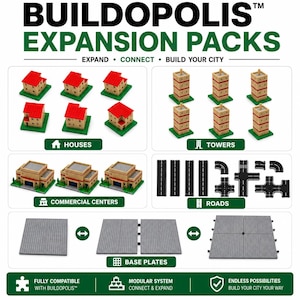 Puede incluir: Presentación de BUILDOPOLIS EXPANSION PACKS con seis casas color canela con techos rojos, seis torres color canela, tres centros comerciales color canela, varios segmentos de carretera negros y placas base grises. El texto dice BUILDOPOLIS EXPANSION PACKS, EXPAND, CONNECT, BUILD YOUR CITY, HOUSES, TOWERS, COMMERCIAL CENTERS, ROADS, BASE PLATES, FULLY COMPATIBLE WITH BUILDOPOLIS, MODULAR SYSTEM CONNECT & EXPAND, ENDLESS POSSIBILITIES BUILD YOUR CITY YOUR WAY.