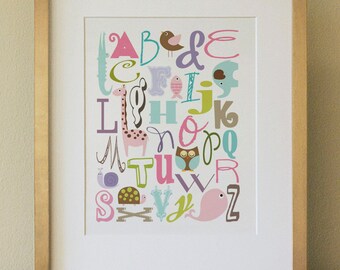 Alphabet Animals Nursery Wall Art Print, Baby Girl, Kids Room Decor Poster