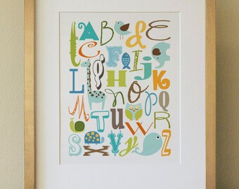 Alphabet Animals Nursery Wall Art Print, Baby Boy, Kids Room Decor Poster