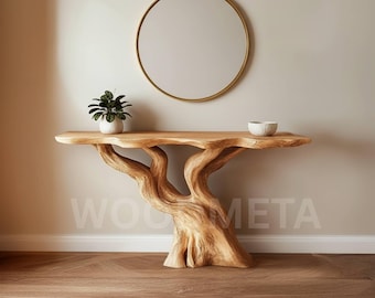 Rustieke massief houten consoletafel, sculpturale haltafel, handgemaakte natuurlijk houten banktafel in gang, organisch accent