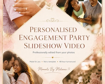 Puede incluir: Un gráfico digital para un video de presentación de fiesta de compromiso personalizado con tres fotos de parejas, detalles dorados y el texto: Personalized Engagement Party Slideshow Video, Professionally edited from your photos, Moments By Matimax.