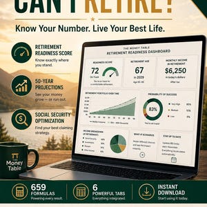 May include: A laptop displaying The Money Table retirement readiness dashboard with charts, a readiness score of 72, and a probability of success of 83%. A dark green mug with The Money Table logo sits beside the laptop on a wooden surface.