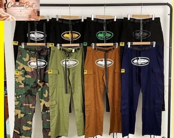 Pantaloni cargo Corteiz in cotone fatti a mano, streetwear unisex, larghi e comodi