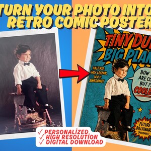 Op de afbeelding: Een digitale service die een foto van een kind in een wit overhemd en zwarte vlinderdas omzet in een retro stripboekposter. De poster bevat de tekst: TURN YOUR PHOTO INTO A RETRO COMIC POSTER, TINY DUDE, BIG PLANS!, HALF KID. HALF LEGEND. 100% AWESOME!, BOW TIES ARE COOL, BUT I'M COOLER!, FUTURE BILLIONAIRE (PROBABLY), PERSONALIZED, HIGH RESOLUTION, DIGITAL DOWNLOAD.