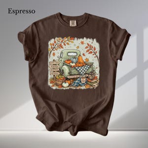 Op de afbeelding: Een espressobruin t-shirt met een afbeelding van een vintage pick-up truck vol pompoenen, herfstbladeren en een wegwijzer met de tekst Apple Cider, Pumpkins, Bonfires, Hayrides. Ook een mok met Cozy Season, boeken en een lantaarn zijn afgebeeld.