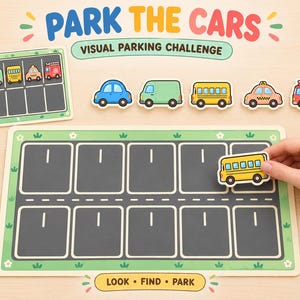 May include: A Park The Cars visual parking challenge game set featuring a rectangular parking lot board with ten spaces, five individual vehicle cutouts including a blue car, green van, yellow bus, taxi, and red fire truck, and a challenge card.