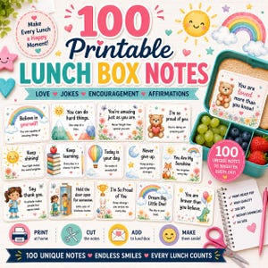 Könnte beinhalten: Eine Sammlung von 100 druckbaren Lunchbox-Notizen mit bunten Illustrationen von Regenbögen, Bären und Sonnen sowie motivierenden Texten. Das Set enthält eine türkisfarbene Lunchbox mit Weintrauben und Erdbeeren, ein Notizbuch und eine Schere.