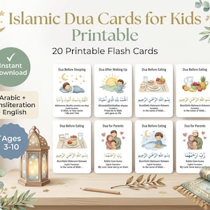 Op de afbeelding: Een set van 20 printbare islamitische Dua-kaarten voor kinderen met illustraties, Arabische tekst, transliteratie en Engelse vertalingen. De kaarten bevatten titels zoals Dua Before Sleeping, Dua After Waking Up en Dua for Parents.