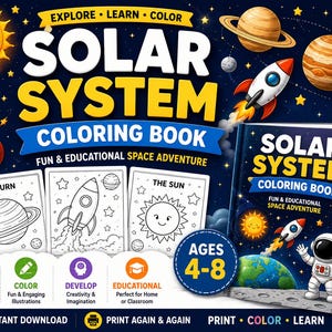 Könnte beinhalten: Ein Malbuch über das Sonnensystem mit einem dunkelblauen Weltraumhintergrund, bunten Planeten, einer lächelnden Sonne und einer Rakete. Das Cover zeigt einen Astronauten auf dem Mond sowie drei schwarz-weiße Malvorlagen mit Saturn, einer Rakete und der Sonne.