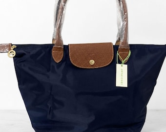 Bolso tote grande Longchamp de nailon azul marino, bolso de hombro plegable con ribete de piel, bolso ligero de viaje para el día a día, regalo para mujer.
