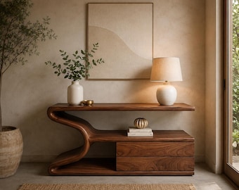 Banco consola moderno de nogal con almacenamiento, banco curvo de madera para recibidor con cajones, muebles de pasillo de mediados de siglo.