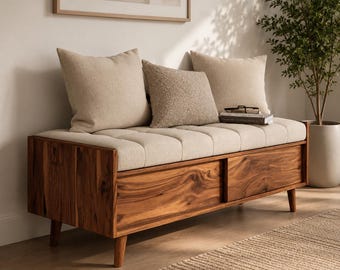 Banco de madera para recibidor con almacenamiento, estilo moderno de mediados de siglo. Banco tapizado para pasillo, ideal para recibidor o dormitorio.