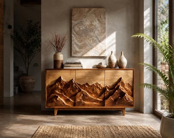 Aparador de madera tallada estilo montaña, mueble hecho a mano, credenza de madera maciza, mueble rústico moderno, consola de almacenamiento llamativa, muebles para sala de estar