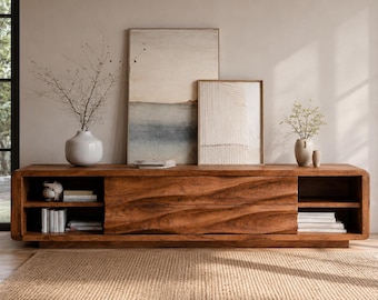 Aparador bajo de lujo con diseño esculpido, mueble moderno de madera para sala de estar, consola de almacenamiento artística, unidad multimedia de nogal, mueble de diseño