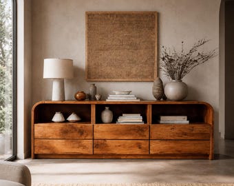 Aparador de lujo curvo de madera, consola, mueble de estilo moderno de mediados de siglo, credenza, mueble buffet de madera maciza, mueble de almacenamiento para sala de estar, consola multimedia