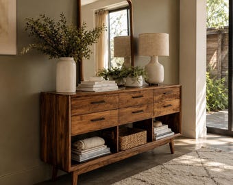 Armario de nogal de estilo moderno de mediados de siglo, armario de almacenamiento de madera, consola de entrada, aparador de sala de estar, credenza moderna