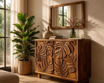 Aparador de madera maciza con forma de hoja tallada, credenza tropical, consola de almacenamiento para sala de estar, mueble de entrada, aparador de madera hecho a mano.