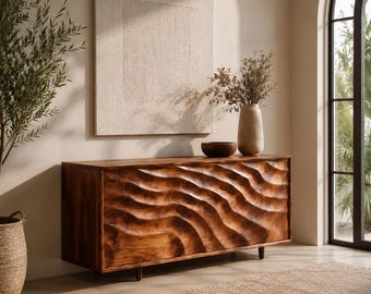 Aparador moderno de madera con forma de ola, vitrina tipo buffet de nogal tallada, estilo mediados de siglo, para sala de estar.