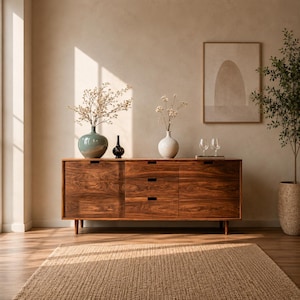 Puede incluir: Un aparador de madera de estilo moderno de mediados de siglo con tres cajones y dos puertas de armario. El aparador está coronado con jarrones, una botella decorativa negra y una impresión artística abstracta enmarcada. Una alfombra tejida y una planta en maceta completan la habitación.